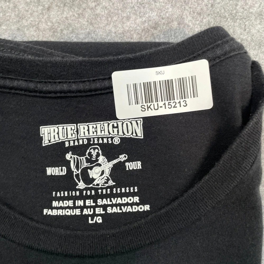 True Religion Mens T-Shirt L Black Graphic Buddha Guitar World Tour Tee